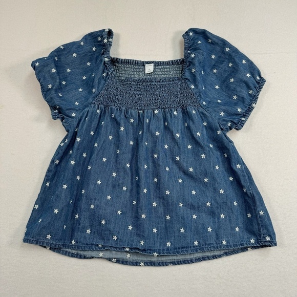 Old Navy Tops - Old Navy Chambray Puff Sleeve Top Womens Sz Xs Embroidered Flower Smocked Chest